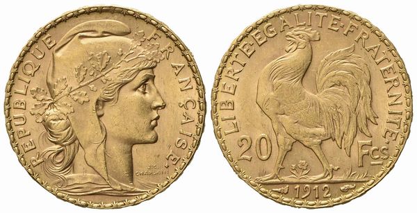 FRANCIA. Terza Repubblica (1870 - 1940). 20 Franchi 1912. Au 900 (6,47 g; 20,9 mm)  - Asta Monete e medaglie medievali e moderne italiane ed estere - Associazione Nazionale - Case d'Asta italiane