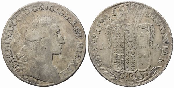 NAPOLI. Regno di Napoli. Ferdinando IV di Borbone (1759-1799, I per.). Piastra da 120 grana 1794. Ag (27,45 g; 39,8 mm)  - Asta Monete e medaglie medievali e moderne italiane ed estere - Associazione Nazionale - Case d'Asta italiane