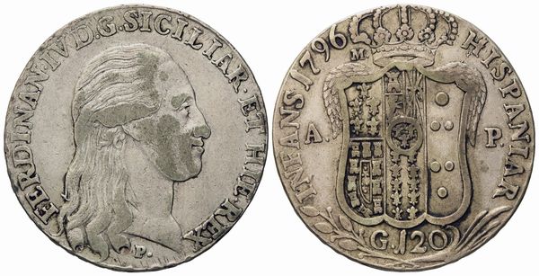 NAPOLI. Regno di Napoli. Ferdinando IV di Borbone (1759-1799 - I periodo). Piastra da 120 grana 1796. Ag (26,3 g; 38,3 mm)  - Asta Monete e medaglie medievali e moderne italiane ed estere - Associazione Nazionale - Case d'Asta italiane