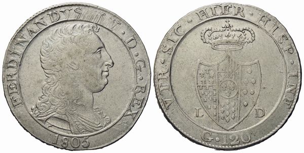 NAPOLI. Regno di Napoli. Ferdinando IV di Borbone (1799 - 1805 - II periodo). Piastra da 120 grana 1805. Capelli ricci; stemma grande. Ag (27,54 g; 37,7 mm)  - Asta Monete e medaglie medievali e moderne italiane ed estere - Associazione Nazionale - Case d'Asta italiane