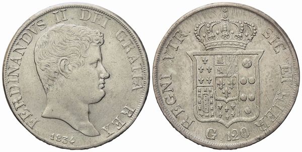 NAPOLI. Regno delle Due Sicilie. Ferdinando II di Borbone (1830-1859). Piastra da 120 grana 1834. Ag (27,43 g; 37,2 mm)  - Asta Monete e medaglie medievali e moderne italiane ed estere - Associazione Nazionale - Case d'Asta italiane