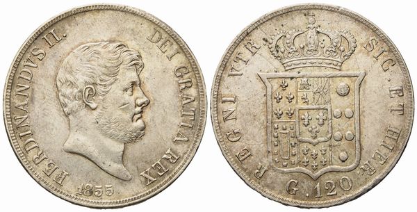 NAPOLI. Regno delle Due Sicilie. Ferdinando II di Borbone (1830-1859). Piastra da 120 Grana 1855. Ag (27,58 g; 36,8 mm)  - Asta Monete e medaglie medievali e moderne italiane ed estere - Associazione Nazionale - Case d'Asta italiane