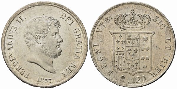 NAPOLI. Regno delle Due Sicilie. Ferdinando II di Borbone (1830-1859). Piastra da 120 grana 1857. Ag (27,47 g; 37,1 mm)  - Asta Monete e medaglie medievali e moderne italiane ed estere - Associazione Nazionale - Case d'Asta italiane