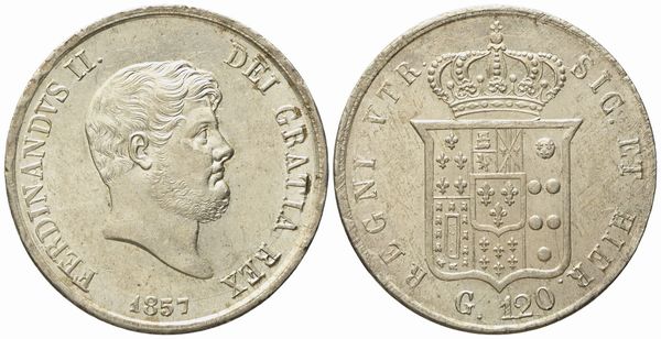 NAPOLI. Regno delle Due Sicilie. Ferdinando II di Borbone (1830-1859). Piastra da 120 grana 1857. Ag (27,50 g; 37,1 mm)  - Asta Monete e medaglie medievali e moderne italiane ed estere - Associazione Nazionale - Case d'Asta italiane