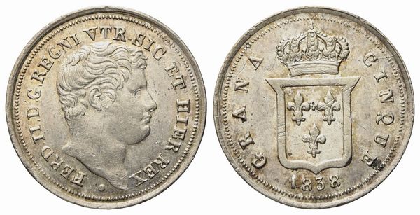 NAPOLI. Regno delle Due Sicilie. Ferdinando II di Borbone (1830-1859). Mezzo carlino da 5 grana 1838. Ag (1,13 g; 16,3 mm)  - Asta Monete e medaglie medievali e moderne italiane ed estere - Associazione Nazionale - Case d'Asta italiane