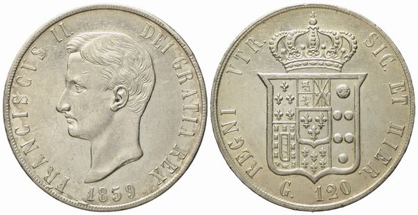 NAPOLI. Regno delle Due Sicilie. Francesco II di Borbone (1859-1860). Piastra da 120 grana 1859. Ag (27,55 g; 36,9 mm)  - Asta Monete e medaglie medievali e moderne italiane ed estere - Associazione Nazionale - Case d'Asta italiane