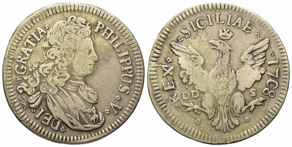 PALERMO. Regno di Sicilia. Filippo V di Borbone (1701-1713). 4 tarì 1708. Ag (10,30 g; 30,4 mm)  - Asta Monete e medaglie medievali e moderne italiane ed estere - Associazione Nazionale - Case d'Asta italiane