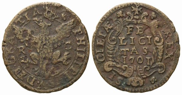 Palermo. Regno di Sicilia. Filippo V di Borbone (1701-1713). Grano 1701. Cu (5 g; 23,5 mm)  - Asta Monete e medaglie medievali e moderne italiane ed estere - Associazione Nazionale - Case d'Asta italiane