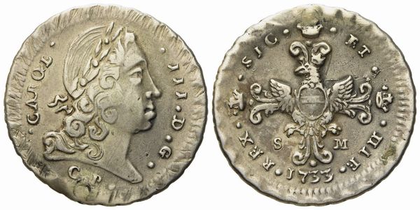 Palermo. Regno di Sicilia. Carlo III (VI) d'Asburgo (1720-1734). 3 tarì 1733. Ag (7,15 g; 27,8 mm)  - Asta Monete e medaglie medievali e moderne italiane ed estere - Associazione Nazionale - Case d'Asta italiane