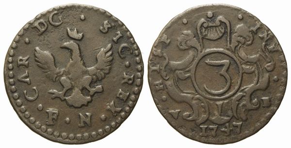 PALERMO. Regno di Sicilia. Carlo di Borbone (1734 - 1759). 3 Piccioli 1747. Cu (2,10 g; 19 mm)  - Asta Monete e medaglie medievali e moderne italiane ed estere - Associazione Nazionale - Case d'Asta italiane