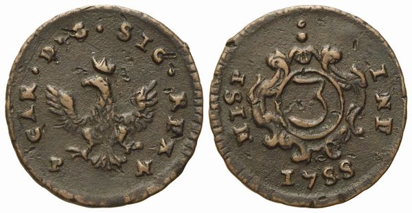 PALERMO. Regno di Sicilia. Carlo di Borbone (1734 - 1759). 3 Piccioli 1755. Cu (2,10 g; 19 mm)  - Asta Monete e medaglie medievali e moderne italiane ed estere - Associazione Nazionale - Case d'Asta italiane