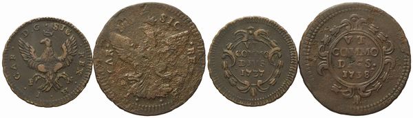 PALERMO. Regno di Sicilia. Carlo di Borbone (1734-1759). Lotto di 2 esemplari: 1 grano 1737 (4,03 g; 23,6 mm); 2 grani 1738 (7,03 g; 30 mm)  - Asta Monete e medaglie medievali e moderne italiane ed estere - Associazione Nazionale - Case d'Asta italiane