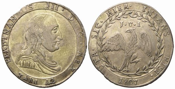 PALERMO. Regno di Sicilia. Ferdinando III di Borbone (1759 - 1816). 12 tarì 1807. Ag (27,12 g; 38,5 mm)  - Asta Monete e medaglie medievali e moderne italiane ed estere - Associazione Nazionale - Case d'Asta italiane