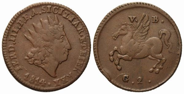 PALERMO. Regno di Sicilia. Ferdinando III di Borbone (1759 - 1816). 2 Grani 1814. Cu (6,05 g; 22,8 mm)  - Asta Monete e medaglie medievali e moderne italiane ed estere - Associazione Nazionale - Case d'Asta italiane