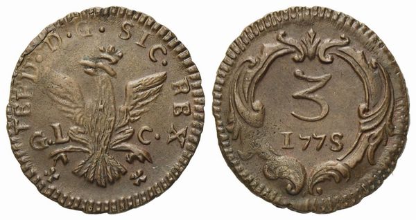 PALERMO. Regno di Sicilia. Ferdinando III di Borbone (1759-1816). Mezzo grano 1775. Cu (2,40 g; 18,5 mm)  - Asta Monete e medaglie medievali e moderne italiane ed estere - Associazione Nazionale - Case d'Asta italiane