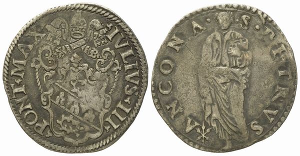 STATO PONTIFICIO. Ancona. Giulio III (1550 - 1555). Giulio San Pietro. Ag (2,92 g; 27,3 mm)  - Asta Monete e medaglie medievali e moderne italiane ed estere - Associazione Nazionale - Case d'Asta italiane