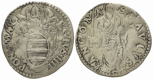 STATO PONTIFICIO. Ancona. Paolo IV (1555 - 1559). Giulio San Paolo. Ag (2,97 g; 27,8 mm)  - Asta Monete e medaglie medievali e moderne italiane ed estere - Associazione Nazionale - Case d'Asta italiane