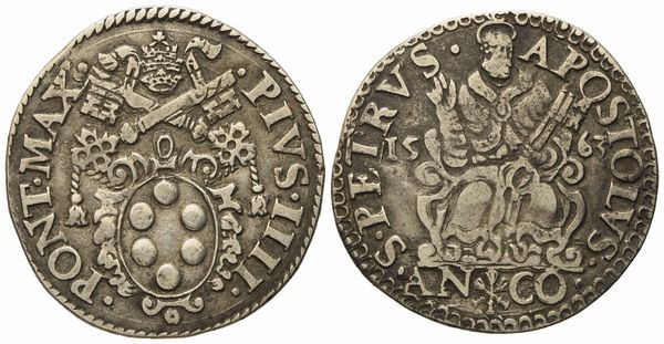 STATO PONTIFICIO. Ancona. Pio IV (1559 - 1565). Testone San Pietro. Ag (9,41 g; 30,14 mm).  - Asta Monete e medaglie medievali e moderne italiane ed estere - Associazione Nazionale - Case d'Asta italiane