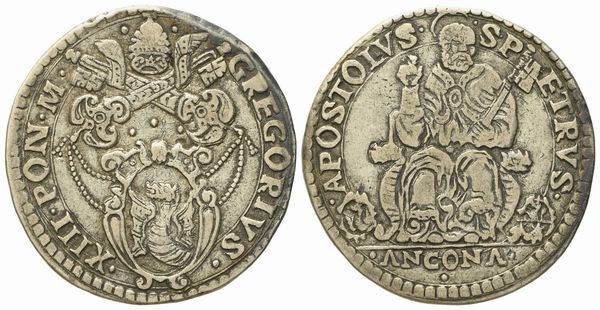 STATO PONTIFICIO. Ancona. Gregorio XIII (1572 - 1585). Testone. Ag (9,4 g; 29,4 mm)  - Asta Monete e medaglie medievali e moderne italiane ed estere - Associazione Nazionale - Case d'Asta italiane