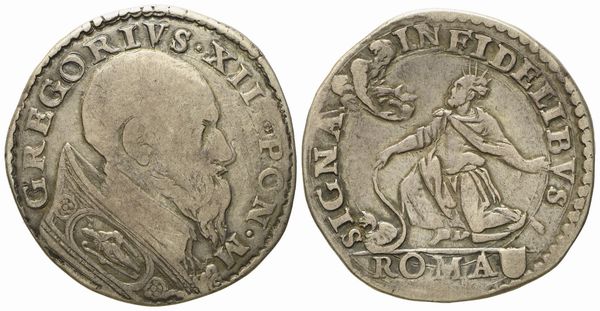 STATO PONTIFICIO. Roma. Gregorio XIII (1572 - 1585). Testone Mosè inginocchiato. Ag (9,2 g; 29 mm)  - Asta Monete e medaglie medievali e moderne italiane ed estere - Associazione Nazionale - Case d'Asta italiane