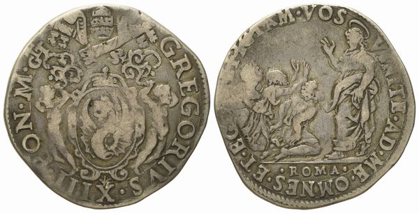 STATO PONTIFICIO. Roma. Gregorio XIII (1572 - 1585). Testone predica di Gesù. Ag (8,6 g; 30,1 mm)  - Asta Monete e medaglie medievali e moderne italiane ed estere - Associazione Nazionale - Case d'Asta italiane