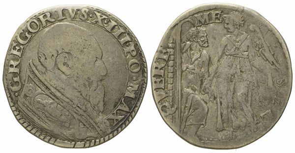 STATO PONTIFICIO. Roma. Gregorio XIII (1572 - 1585). Testone San Pietro e angelo. Ag (9,58 g; 28,2 mm)  - Asta Monete e medaglie medievali e moderne italiane ed estere - Associazione Nazionale - Case d'Asta italiane