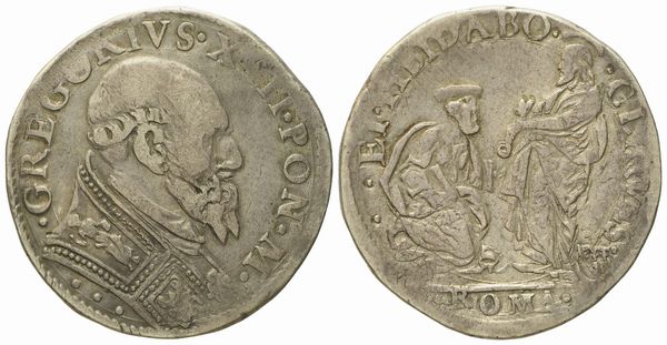 STATO PONTIFICIO. Roma. Gregorio XIII (1572 - 1585). Testone san Pietro genuflesso davanti al Redentore. Ag (9,68 g; 29,7 mm)  - Asta Monete e medaglie medievali e moderne italiane ed estere - Associazione Nazionale - Case d'Asta italiane