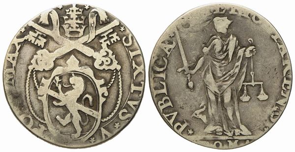 STATO PONTIFICIO. Roma. Sisto V (1585 - 1590). Testone Allegoria della Giustizia. Ag (7,86 g; 27,94 mm).  - Asta Monete e medaglie medievali e moderne italiane ed estere - Associazione Nazionale - Case d'Asta italiane