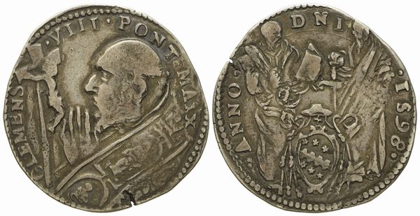 STATO PONTIFICIO. Roma. Clemente VIII (1592 - 1605). Testone 1598. Ag (9,45 g; 31,8 mm)  - Asta Monete e medaglie medievali e moderne italiane ed estere - Associazione Nazionale - Case d'Asta italiane