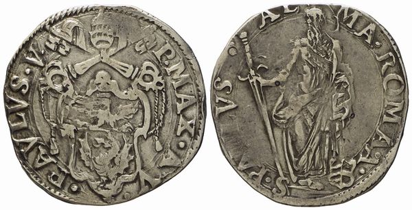 STATO PONTIFICIO. Roma. Paolo V (1605 - 1621). Testone, anno V. Ag (9,4 g; 29,6 mm)  - Asta Monete e medaglie medievali e moderne italiane ed estere - Associazione Nazionale - Case d'Asta italiane