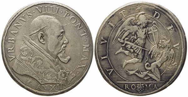 STATO PONTIFICIO. Roma. Urbano VIII (1623 - 1644). Piastra, anno XII. Ag (31,78 g; 42,3 mm)  - Asta Monete e medaglie medievali e moderne italiane ed estere - Associazione Nazionale - Case d'Asta italiane