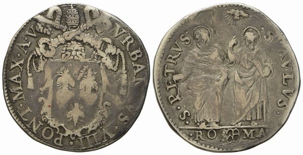 STATO PONTIFICIO. Roma. Urbano VIII (1623 - 1644). Testone, anno V. Ag (9,38 g; 29,5 mm)  - Asta Monete e medaglie medievali e moderne italiane ed estere - Associazione Nazionale - Case d'Asta italiane