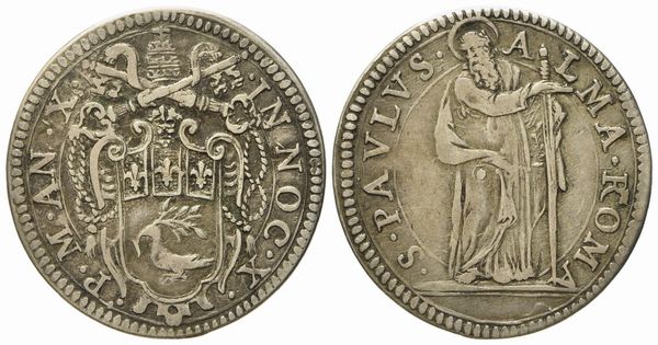 STATO PONTIFICIO. Roma. Innocenzo X (1644 - 1655). Giulio anno X San Paolo. Ag (g 3,14; mm 24,8).  - Asta Monete e medaglie medievali e moderne italiane ed estere - Associazione Nazionale - Case d'Asta italiane