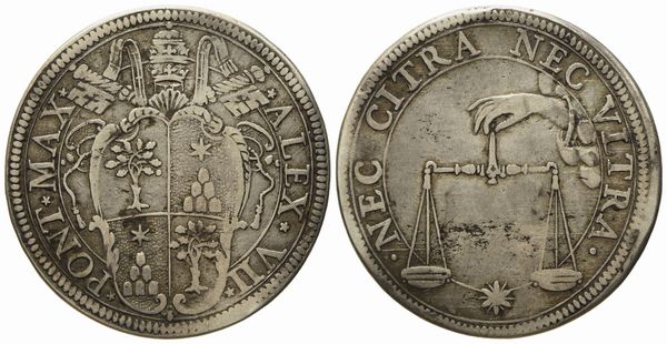 STATO PONTIFICIO. Roma. Alessandro VII (1655 - 1667). Testone Bilancia. Ag (9,33 g; 30,8 mm)  - Asta Monete e medaglie medievali e moderne italiane ed estere - Associazione Nazionale - Case d'Asta italiane