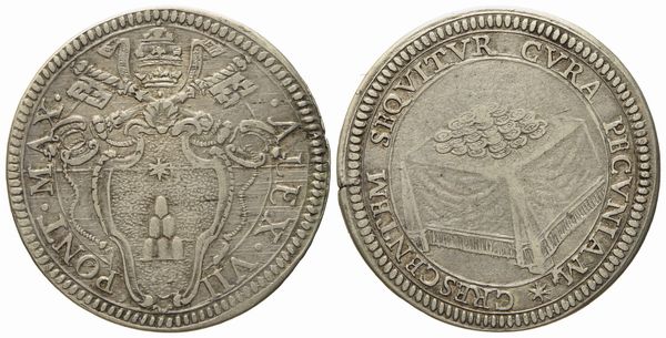 STATO PONTIFICIO. Roma. Alessandro VII (1655 - 1667). Giulio Tavolo con cumulo di monete. Ag (3,14 g; 26,1 mm)  - Asta Monete e medaglie medievali e moderne italiane ed estere - Associazione Nazionale - Case d'Asta italiane