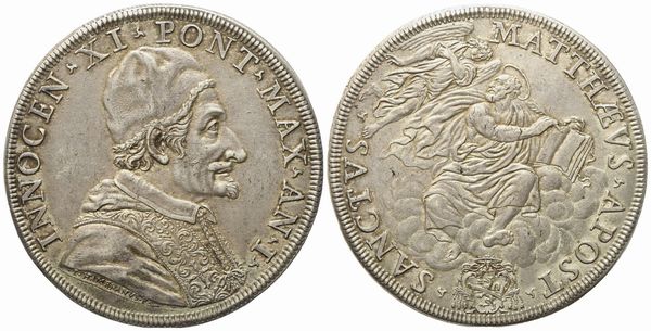 STATO PONTIFICIO. Roma. Innocenzo XI (1676-1689). Piastra. Anno I. 'San Matteo'. Ag (44 mm; 32 g)  - Asta Monete e medaglie medievali e moderne italiane ed estere - Associazione Nazionale - Case d'Asta italiane