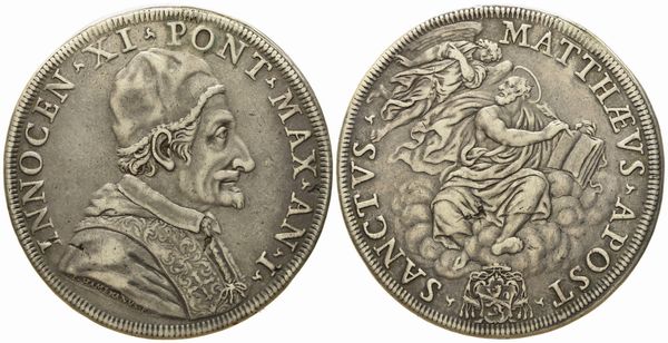 STATO PONTIFICIO. Roma. Innocenzo XI (1676 - 1689). Piastra, anno I San Matteo. Ag (31,58 g; 44,3 mm)  - Asta Monete e medaglie medievali e moderne italiane ed estere - Associazione Nazionale - Case d'Asta italiane