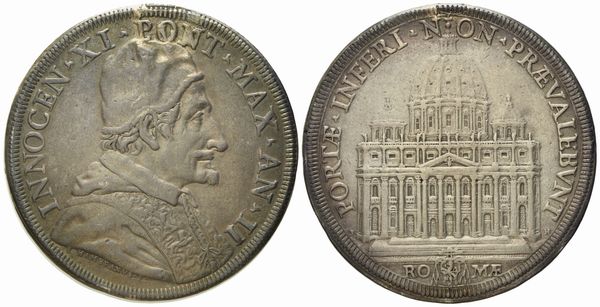 STATO PONTIFICIO. Roma. Innocenzo XI (1676 - 1689). Piastra, anno II Basilica di San Pietro. Ag (31,76 g; 4,44 mm)  - Asta Monete e medaglie medievali e moderne italiane ed estere - Associazione Nazionale - Case d'Asta italiane