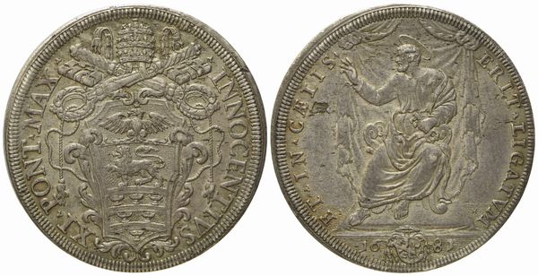 STATO PONTIFICIO. Roma. Innocenzo XI (1676 - 1689). Piastra 1681 'San Pietro seduto benedicente'. Ag (31,75 g; 44,3 mm)  - Asta Monete e medaglie medievali e moderne italiane ed estere - Associazione Nazionale - Case d'Asta italiane