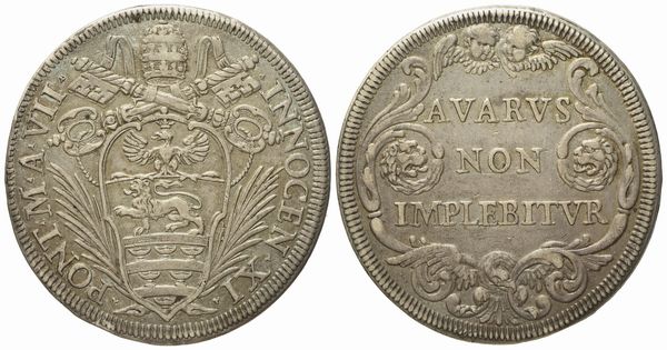 STATO PONTIFICIO. Roma. Innocenzo XI (1676 - 1689). Mezza piastra anno VII (1682). Ag (15,85 g; 37 mm)  - Asta Monete e medaglie medievali e moderne italiane ed estere - Associazione Nazionale - Case d'Asta italiane