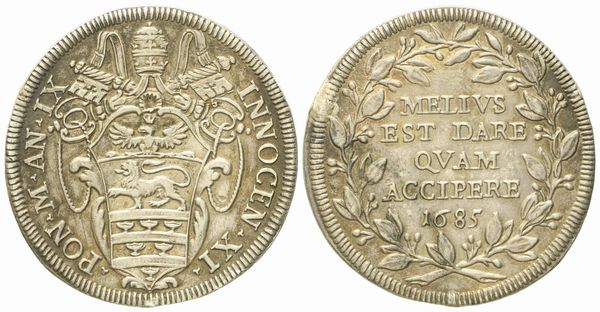 STATO PONTIFICIO. Roma. Innocenzo XI (1676 - 1689). Testone 1685. Ag (g 8,94; mm 31,7).  - Asta Monete e medaglie medievali e moderne italiane ed estere - Associazione Nazionale - Case d'Asta italiane