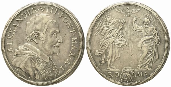 STATO PONTIFICIO. Roma. Alessandro VIII (1689 - 1691). Piastra, anno I 'SS Pietro e Paolo'. Ag (31,82 g; 44,7 mm)  - Asta Monete e medaglie medievali e moderne italiane ed estere - Associazione Nazionale - Case d'Asta italiane