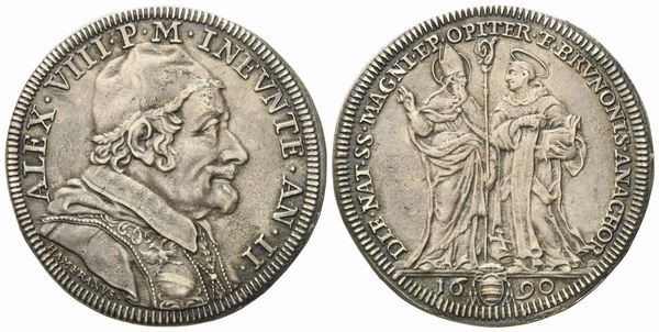 STATO PONTIFICIO. Roma. Alessandro VIII (1689 - 1691). Testone 1690 SS Magno e Brunone. Ag (8,92 g; 32,2 mm)  - Asta Monete e medaglie medievali e moderne italiane ed estere - Associazione Nazionale - Case d'Asta italiane