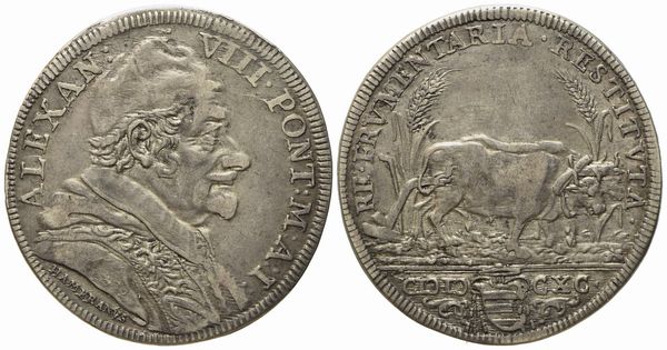 STATO PONTIFICIO. Roma. Alessandro VIII (1689 - 1691). Testone 1690 Buoi con aratro. Ag (9,02 g; 32,3 mm)  - Asta Monete e medaglie medievali e moderne italiane ed estere - Associazione Nazionale - Case d'Asta italiane