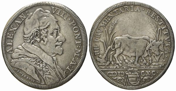 STATO PONTIFICIO. Roma. Alessandro VIII (1689 - 1691). Testone 1690 Buoi. Ag (g 8,72; mm 32,6).  - Asta Monete e medaglie medievali e moderne italiane ed estere - Associazione Nazionale - Case d'Asta italiane