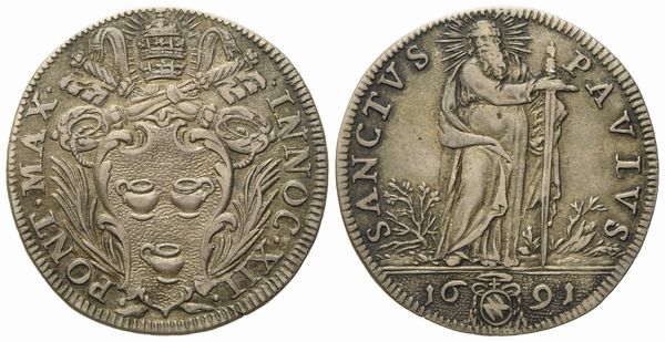 STATO PONTIFICIO. Roma. Innocenzo XII (1691 - 1700). Giulio 1691 San Paolo. Ag (2,97 g; 25,2 mm)  - Asta Monete e medaglie medievali e moderne italiane ed estere - Associazione Nazionale - Case d'Asta italiane