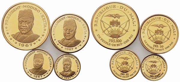 MALI. Serie di 4 monete commemorative del 1967. Au 900 (complessivamente 59,31 g). 100 franchi (32,03 g; 34,39 mm); 50 (16,02 g; 28,28 mm); 25 (7,99 g; 21,96 mm); 10 (3,27 g; 19,27 mm)  - Asta Monete e medaglie medievali e moderne italiane ed estere - Associazione Nazionale - Case d'Asta italiane