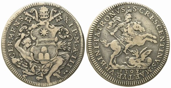 STATO PONTIFICIO. Roma. Clemente XI (1700 - 1721). Mezza piastra 1703 San Crescentino. Ag (15,66 g; 37,3 mm)  - Asta Monete e medaglie medievali e moderne italiane ed estere - Associazione Nazionale - Case d'Asta italiane