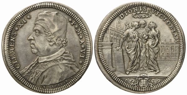 STATO PONTIFICIO. Roma. Clemente XI (1700 - 1721). Testone anno VI Le tre allegorie. Ag (9,1 g; 33,3 mm)  - Asta Monete e medaglie medievali e moderne italiane ed estere - Associazione Nazionale - Case d'Asta italiane