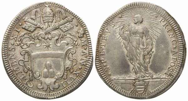 STATO PONTIFICIO. Roma. Clemente XI (1700 - 1721). Testone, anno XVII San Pietro. Ag (8,92 g; 31,6 mm)  - Asta Monete e medaglie medievali e moderne italiane ed estere - Associazione Nazionale - Case d'Asta italiane